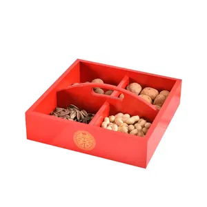 Bamboo four grids of dried fruit dispenser red festive Candy Dried fruit and nuts wooden box