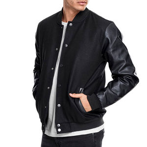 Chaqueta Universitaria Negra para Hombre con Mangas de Cuero Sintético, Chaqueta Deportiva con Letras Bordadas, Cierre de Botones a Presión, Ribete a Rayas, Estilo Casual - Product Image 2