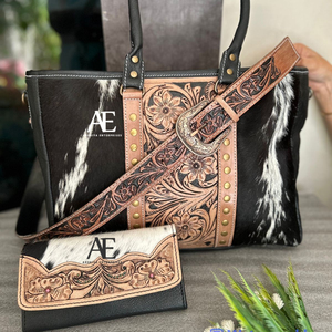 กระเป๋าถือสตรีหนังเปิดไหล่สไตล์ตะวันตก,ชุดคอมโบแบบพิเศษกระเป๋าสตางค์แกะสลักมีสไตล์กระเป๋าถือหนังขนซ่อน - Product Image 1