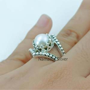 Handmade Minimalist Sterling Silver Pearl <b>Ring</b> <b>Dainty</b> June Birthstone Jewelry Elegant Pearl Silver <b>Ring</b> - Product Image 5
