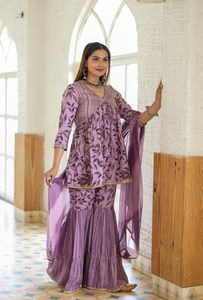 Alia Cut Beautiful Women 3 Piece Designer Shrarara Set, Mujeres Algodón Impreso Kurti Sharara & Dupatta Casual Wear Ropa Étnica - Product Image 2