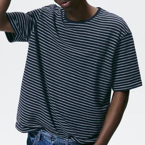 Venta al por mayor de gran tamaño Unisex 100% algodón camiseta transpirable cuello redondo tejido manga corta rayas patrón verano camiseta DTF DTG - Product Image 3