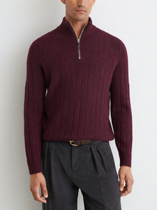Suéter de Punto Personalizado OEM/ODM Unisex Color Vino Tinto con Cierre de Cremallera, Cuello Alto y Manga Larga - Product Image 4