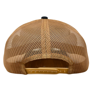 Black Camel 6 Panel Trucker Hats Línea de costura de contraste en el ala Parches de logotipo tejidos Malla transpirable Hebilla ajustable de una sola fila - Product Image 5