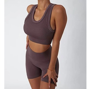 Ensemble de yoga 2 pièces pour femmes, vêtements de sport écologiques, respirant, sans couture, soutien-gorge de sport à cordon, short à taille élastique, grande taille - Product Image 4