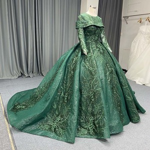 ANY261 Vestido de Noche Musulmán Verde Esmeralda de Manga Larga con Encaje - Product Image 2