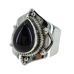Navya Craft 925 Sterling <b>Silver</b> Boho <b>Statement</b> <b>Ring</b> Handmade with Black Onyx Pear Cut Stone Hip Hop Style Gift for Women - Product Image 1