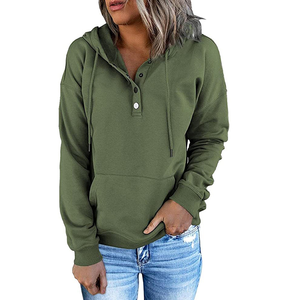 High Quality Women <b>Hoodies</b> <b>Long</b> <b>Sleeve</b> Button Pure Color Casual Hooded Drawstring Pocket Spring Tops <b>T</b>-<b>shirt</b> Casual <b>Hoodies</b> - Product Image 2
