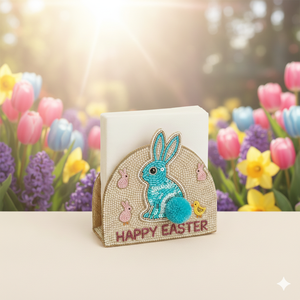 Nouveau support de serviette de table brodé pastel élégant avec lapin de Pâques, décor de table de printemps multi-lapins à sequins scintillants - Product Image 2