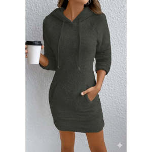 Vestido mini de felpa con capucha y bolsillos de manga larga para mujer, 27813 - Gris - Product Image 1