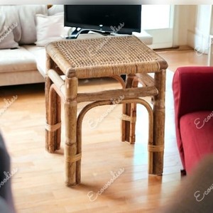 Taburete Cuadrado de Bambú Estilo Cabaña Moderna, con Asiento Tejido de Rafia Rústica, Ecológico y Ligero, para Sala de Estar, Cocina, Apartamento - Product Image 2