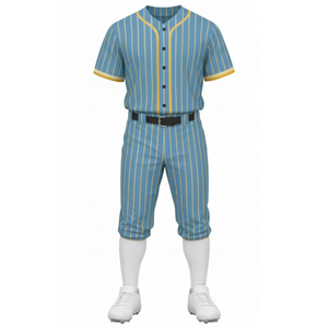 Ensemble d'uniformes de baseball d'équipe avec logo personnalisé |   Maillot bleu clair sublimé avec rayures jaunes et pantalon assorti - Product Image 2