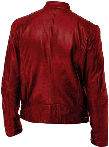 Chaqueta de Cuero Genuino Rojo Sólido para Hombre, Ropa Casual de Moda, Transpirable, Resistente al Viento, Estilo Motero, Deportiva, para Exteriores, con Cremallera Plateada Metálica - Product Image 2