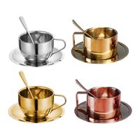 Tasses à café modernes en acier inoxydable 304 écologiques avec logo personnalisé, vente en gros, avec soucoupe et cuillère, capacité 100 ml, lot de 3 pièces pour thé au lait