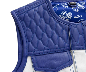 <b>Men's</b> Plus Size Quilted Leather <b>Vest</b> <b>White</b> Blue Lace-Up Moto Biker Style O-Neck Outerwear - Product Image 4