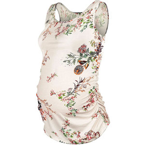 Camiseta básica tejida de maternidad con estampado Floral sin mangas de verano para mujer, chaleco con lado fruncido, blusa a la espera - Product Image 6