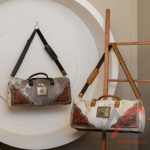 New Arrival Handmade Vintage Stylish Tooled Fur Leather <b>Duffel</b> <b>Bags</b> Unisex Cowhide Fur Leather Turquoise Stone Large <b>Travel</b> <b>Bags</b> - Product Image 3