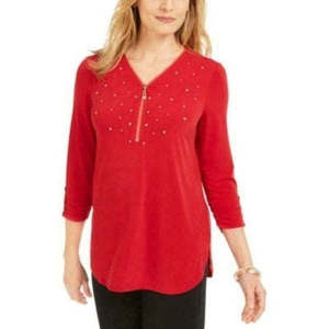Top casual rosso da donna della collezione JM impreziosito da finiture con cerniera, taglia grande - Product Image 1