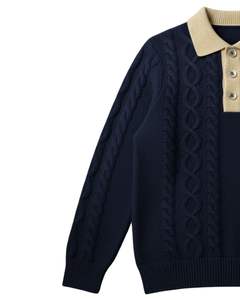 Pull Polo Homme Personnalisé en Maille Câblée à Manches Longues, Col Boutonné Contrastant, Pull d'Hiver en Bleu Marine - Product Image 2