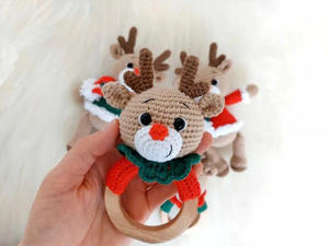 Venta caliente Set Regalo de Navidad Ciervo de peluche Juguete y sonajero Amigurumi Reno terminado Crochet Ciervo Muñecas hechas a mano - Product Image 4