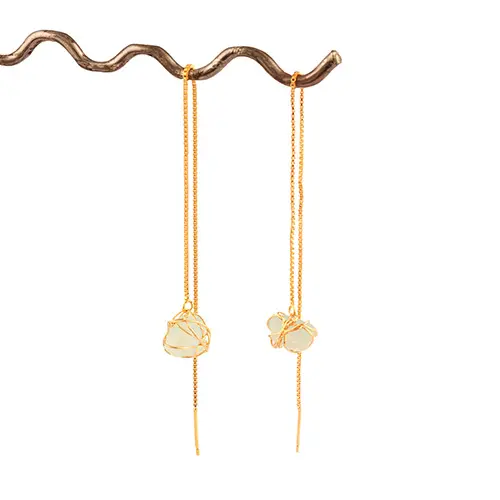 Lüks koleksiyon küçük kaba akuamarin tel çarpık altın kaplama uzun iplik küpe benzersiz tasarım zarif kulak İplik küpe