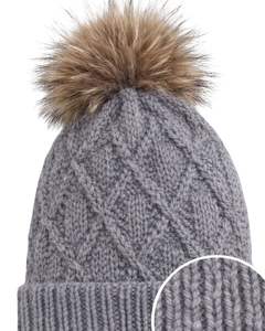 Gorro de Invierno Personalizado de Punto Gris con Pompón de Piel Sintética, Tejido de Cable, Grueso, Cálido, Mezcla de Lana Acrílica, Fabricante Personalizado, Unisex - Product Image 1