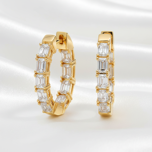 Trendy 925 Sterling Silver Huggie <b>Hoop</b> <b>Earrings</b> <b>Emerald</b> Moissanite Diamond Prong Inside-Out Small Circle Clip Bridal Jewellery - Product Image 4