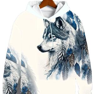 <span class=keywords><strong>Felpa</strong></span> <span class=keywords><strong>con</strong></span> Cappuccio Stile Retrò da Uomo <span class=keywords><strong>con</strong></span> Motivo Lupo e Piume, Coulisse e Tasca a Marsupio, Felpe <span class=keywords><strong>con</strong></span> Animali - Product Image 2