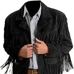 Veste de moto en toile noire unisexe traditionnel Vintage américain Cowboy frange avec fermeture éclair glands coupe-vent imperméable épais - Product Image 1