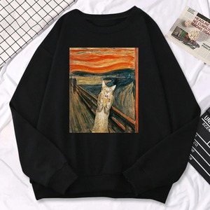 Casual Street Femme Pull Peinture À L'huile Cat's Dusk Print Sweat À Capuche Confortable Polaire Sweat Lâche Chaud Femme Sportswears - Product Image 4