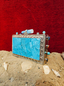 Turquoise Gemstone Mosaic <b>Clutch</b> with <b>Silver</b> Frame and Stone Bar Clasp Handmade Luxury Statement <b>Bag</b> for Weddings Parties - Product Image 3