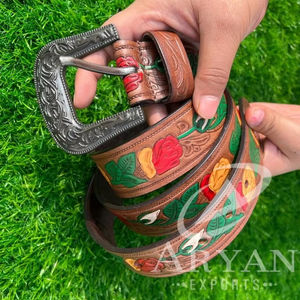 Nuevo hermoso cinturón de cuero grabado Floral occidental 100% cuero de vaca de grano completo genuino cinturones tallados a mano personalizables - Product Image 1