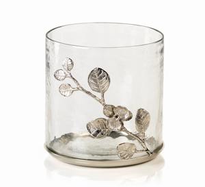 Porte-bougie Hurricane sculptural en argent, motif branche florale, avec feuilles métalliques organiques, résistant à la chaleur, réutilisable, lourd, pour décoration de Noël - Product Image 1