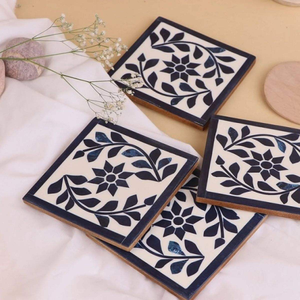 Posavasos Cuadrados Clásicos, Hermosos, Hechos a Mano, Ecológicos, con Incrustaciones de Hueso, Diseño Floral, Juego de Nogal para Decoración del Hogar Personalizada, Regalo - Product Image 1