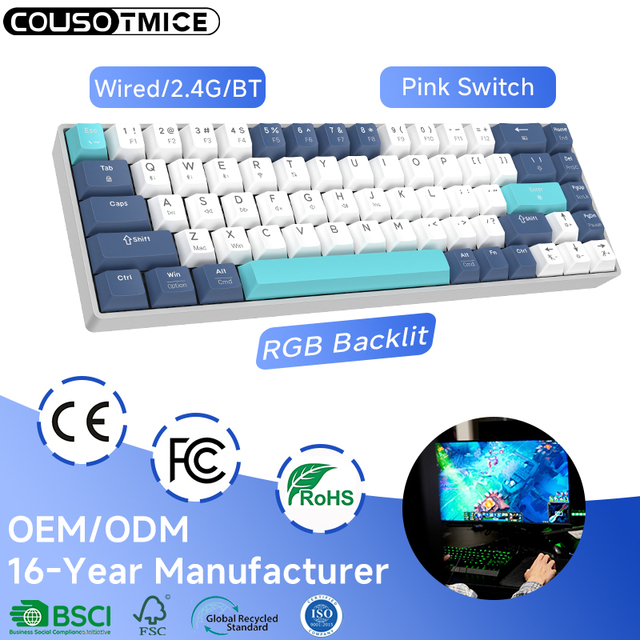 2026 New Arrival Bluetooth Tri-Mode Hot Swappable Mechanical Keyboard 65% Portable Keyboard Pink Switch RGB Gaming Keyboard