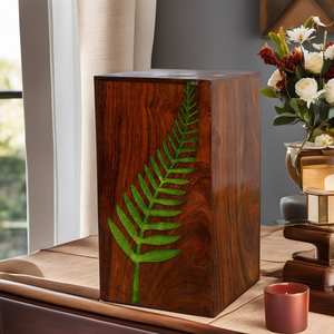 Caja de urna Rectangular de palisandro natural con tapa Diseño de hoja verde Caja de almacenamiento de cenizas humanas Urna hecha a mano para adultos mascotas - Product Image 5