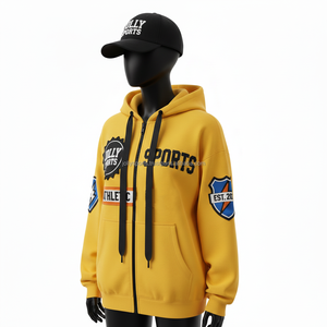 Sweat à capuche zippé pour femme en coton et polyester polaire, couleur jaune, avec patchs brodés et impression de logo personnalisé, sweat à capuche zippé basique - Product Image 4