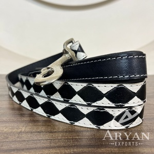 Laisses pour chien en cuir à carreaux noir et blanc, outillées à la main, solides et durables, personnalisées, de luxe et personnalisées en gros - Product Image 1