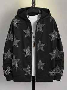 Sudadera con Capucha Extra Grande para Hombre, Otoño, Felpa Gruesa, Bordado, Impresión Digital, Brillante, con Pedrería, Diamantes, Estrellas, Cierre de Cremallera - Product Image 5