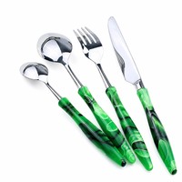 Ensemble de couverts en acier inoxydable 304 avec manche en acrylique vert malachite, 4 pièces, couteau, fourchette, cuillère, vente en gros pour hôtels et restaurants