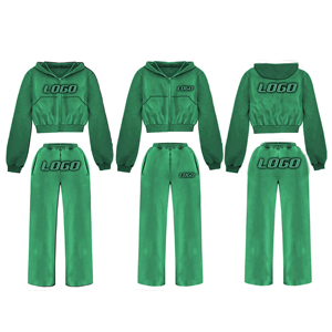 Conjunto de Sudadera con capucha de algodón 100% recortada de alta calidad, chándal de hombro para mujer, conjunto de dos piezas bordado con lavado ácido - Product Image 4