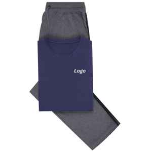 Conjunto de pijama de camiseta lisa azul marino 100% conjunto de salón de punto de algodón ropa de dormir cómoda con Camiseta de cuello redondo y pantalones con cordón - Product Image 1