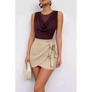 Blusa Drapeada para Mujer Mybeefashion con Elegante Detalle de Encaje, Mezcla de Algodón Cómoda, Color Marrón Estiloso para Uso Diario - Product Image 2