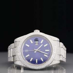 Montre automatique de luxe pour homme, cadran bleu, entièrement sertie de diamants Moissanite, en acier inoxydable et cuir, avec verre cristal, style Hip Hop, cadeau idéal - Product Image 1