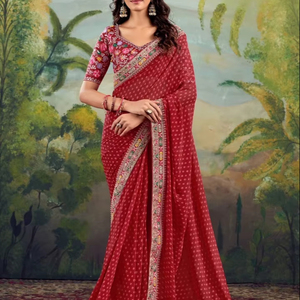 Heavy Banarasi Silk Georgette with Fancy Lace & Heavy Embroidery Quick Dry Formal Saree for Wedding Party Wear All Seasons - Product Image 1