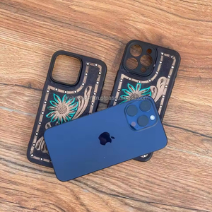 Nuevo diseño personalizado turquesa occidental mano mecanizada y fundas de teléfono de cuero floral para iPhone Funda de cuero genuino IPhone 15 Pro Max - Product Image 2