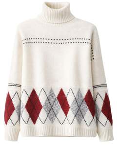 Suéter de Punto Personalizado de Primera Calidad para Mujer, Cuello Alto, Diseño Argyle, Suave y Cálido para Invierno, Estilo Casual, Color Rojo y Gris - Product Image 1