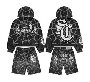 Custom Luxury Pullover Sun Faded Cotton Heavy Weight <b>Crop</b> Oversized Acid Wash Distressed Rhinestone Hood <b>Zip</b> up Men <b>Hoodies</b> Set - Product Image 2