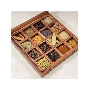 Caixa De Especiarias De Madeira Artesanal Masala Dabba com 16 Compartimentos Quadrados & Colher De Madeira Spice Box Set