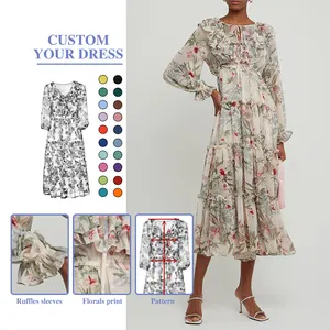 China manufacturer Custom Chiffon Ruffle Autumn Print Elegant Ladies Long Dress Stunning Ivory Long Sleeve Floral Maxi Dress